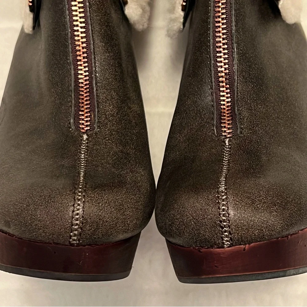 NEW Matt Bernson Brown Leather Zip Wedge Heel Bootie w/ Faux Sherpa Trim